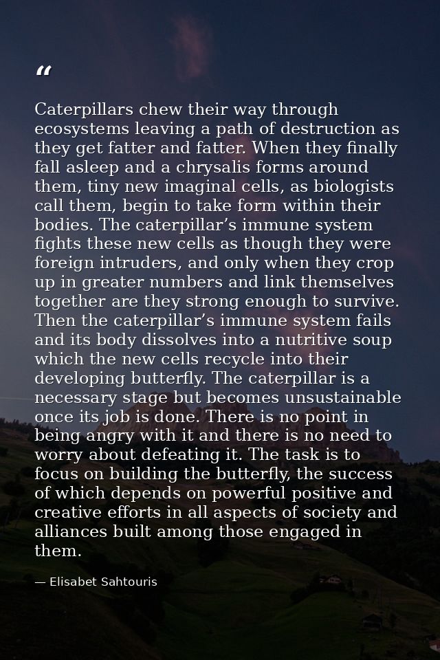 Caterpillars chew their way through ecosystems leaving a path of destruction as they get fatter and fatter. When they fi — Elisabet Sahtouris