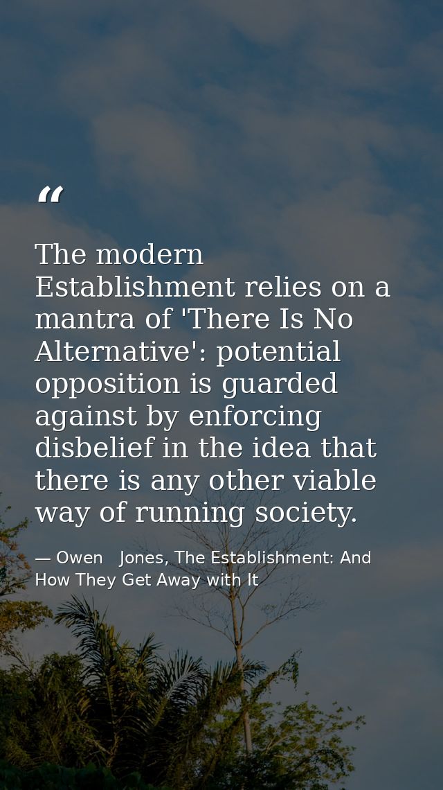 The modern Establishment relies on a mantra of 'There Is No Alternative': potential opposition is guarded against by enf — Owen   Jones, The Establishment: And How They Get Away with It