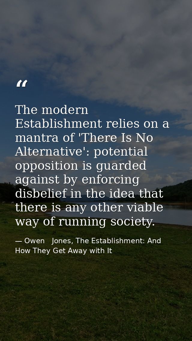 The modern Establishment relies on a mantra of 'There Is No Alternative': potential opposition is guarded against by enf — Owen   Jones, The Establishment: And How They Get Away with It