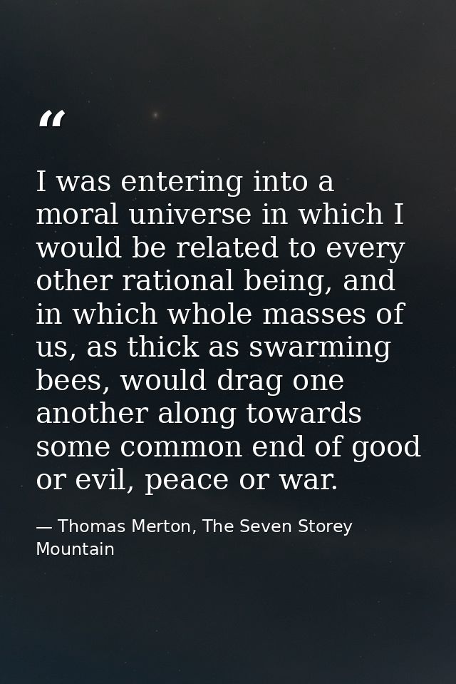 I was entering into a moral universe in which I would be related to every other rational being, and in which whole masse — Thomas Merton, The Seven Storey Mountain