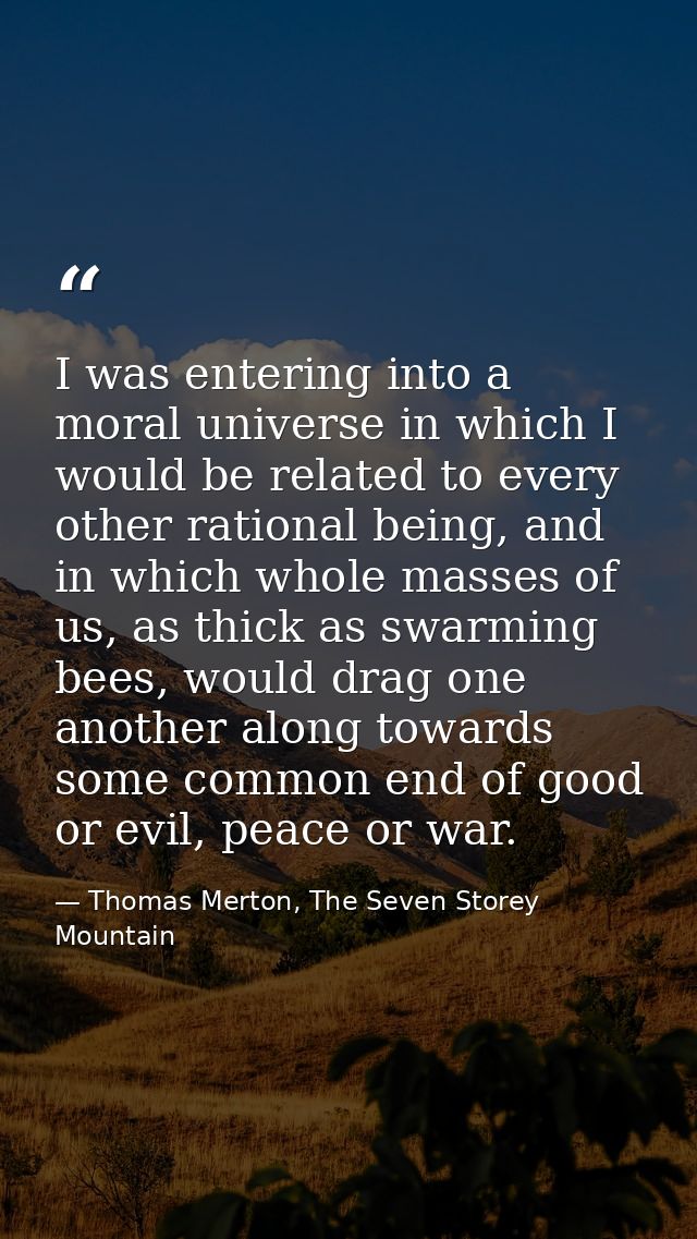 I was entering into a moral universe in which I would be related to every other rational being, and in which whole masse — Thomas Merton, The Seven Storey Mountain
