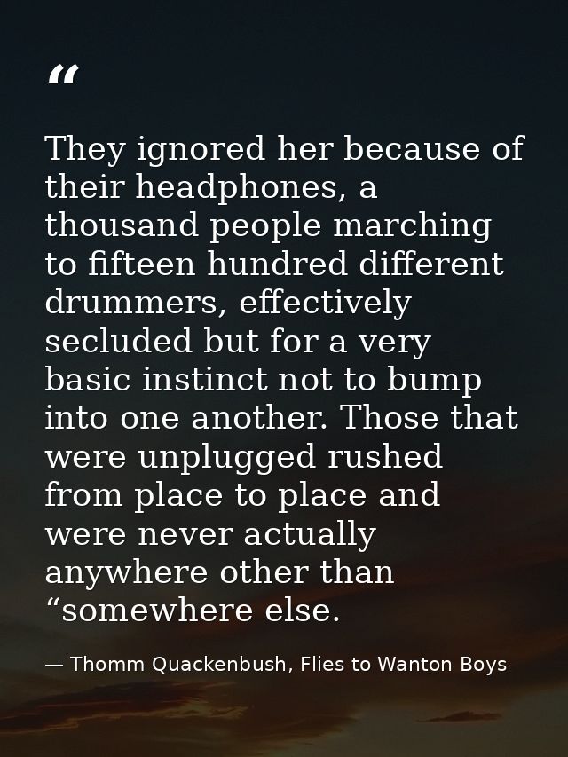 They ignored her because of their headphones, a thousand people marching to fifteen hundred different drummers, effectiv — Thomm Quackenbush, Flies to Wanton Boys