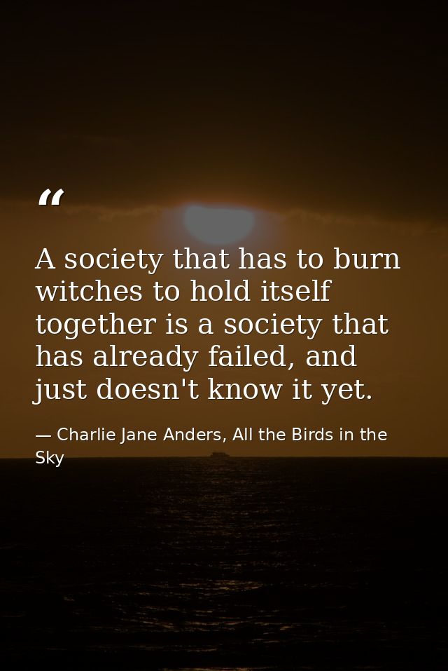 A society that has to burn witches to hold itself together is a society that has already failed, and just doesn't know i — Charlie Jane Anders, All the Birds in the Sky