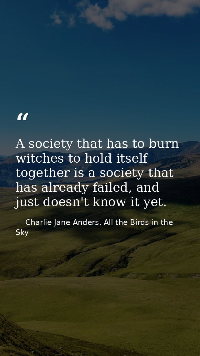 A society that has to burn witches to hold itself together is a society that has already failed, and just doesn't know i — Charlie Jane Anders, All the Birds in the Sky
