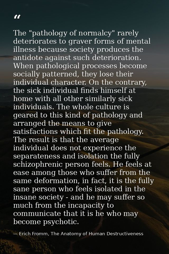 The "pathology of normalcy" rarely deteriorates to graver forms of mental illness because society produces the antidote  — Erich Fromm, The Anatomy of Human Destructiveness
