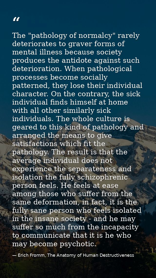 The "pathology of normalcy" rarely deteriorates to graver forms of mental illness because society produces the antidote  — Erich Fromm, The Anatomy of Human Destructiveness