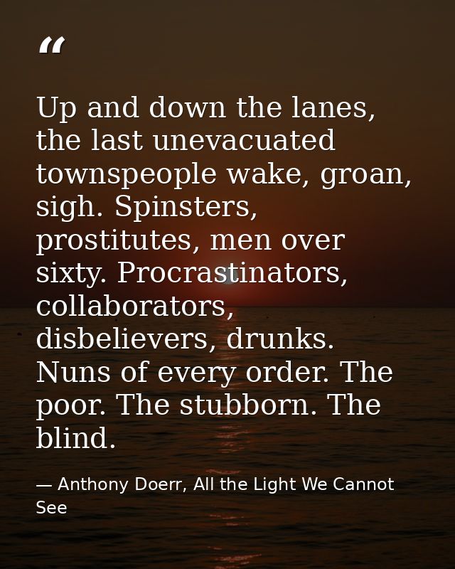 Up and down the lanes, the last unevacuated townspeople wake, groan, sigh. Spinsters, prostitutes, men over sixty. Procr — Anthony Doerr, All the Light We Cannot See