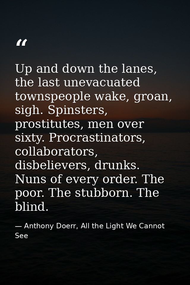 Up and down the lanes, the last unevacuated townspeople wake, groan, sigh. Spinsters, prostitutes, men over sixty. Procr — Anthony Doerr, All the Light We Cannot See