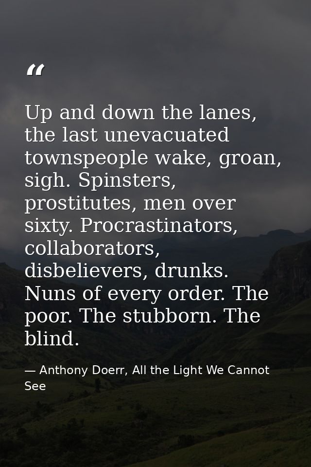 Up and down the lanes, the last unevacuated townspeople wake, groan, sigh. Spinsters, prostitutes, men over sixty. Procr — Anthony Doerr, All the Light We Cannot See