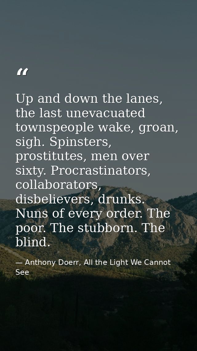 Up and down the lanes, the last unevacuated townspeople wake, groan, sigh. Spinsters, prostitutes, men over sixty. Procr — Anthony Doerr, All the Light We Cannot See