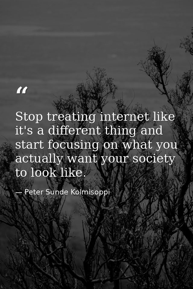 Stop treating internet like it's a different thing and start focusing on what you actually want your society to look lik — Peter Sunde Kolmisoppi