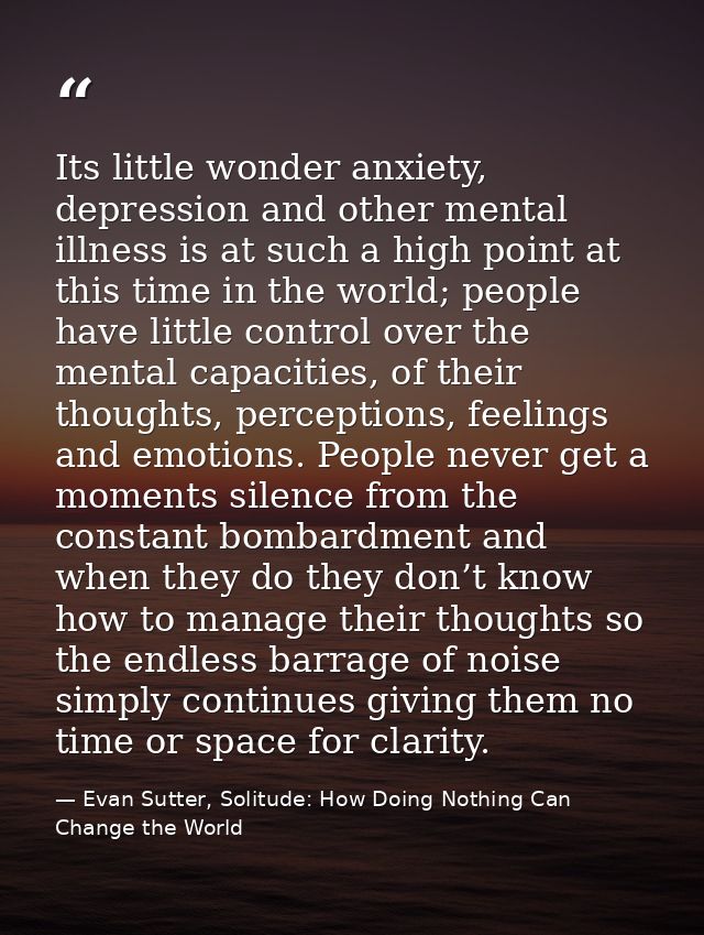 Its little wonder anxiety, depression and other mental illness is at such a high point at this time in the world; people — Evan Sutter, Solitude: How Doing Nothing Can Change the World