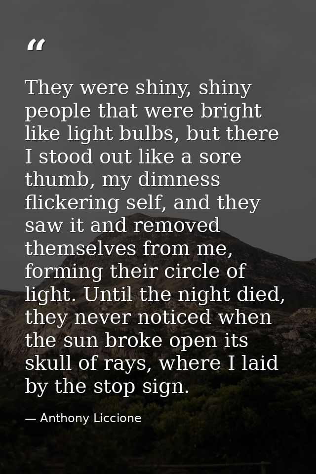 They were shiny, shiny people that were bright like light bulbs, but there I stood out like a sore thumb, my dimness fli — Anthony Liccione