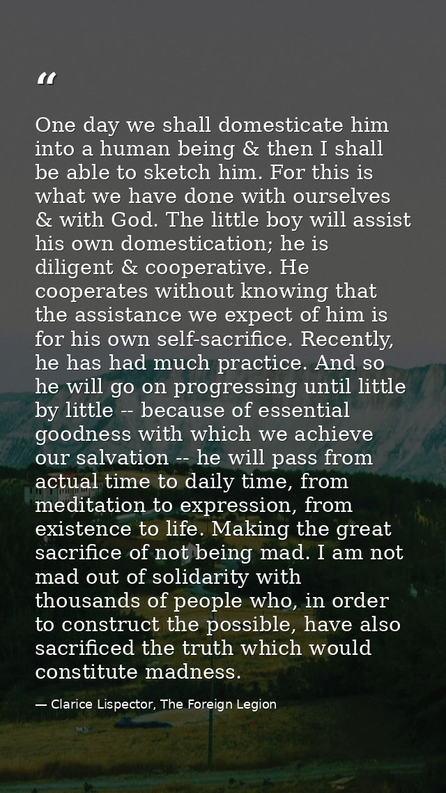 One day we shall domesticate him into a human being & then I shall be able to sketch him. For this is what we have done  — Clarice Lispector, The Foreign Legion