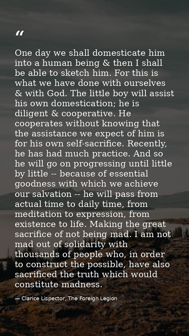 One day we shall domesticate him into a human being & then I shall be able to sketch him. For this is what we have done  — Clarice Lispector, The Foreign Legion