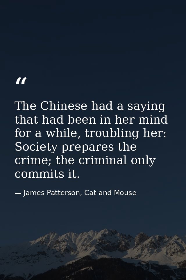 The Chinese had a saying that had been in her mind for a while, troubling her: Society prepares the crime; the criminal  — James Patterson, Cat and Mouse