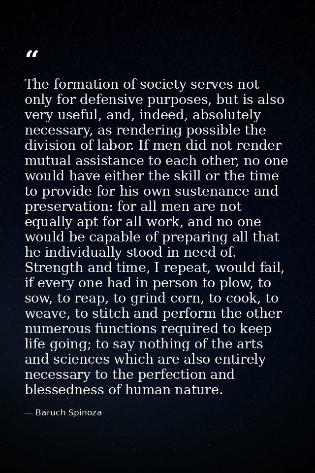 The formation of society serves not only for defensive purposes, but is also very useful, and, indeed, absolutely necess — Baruch Spinoza