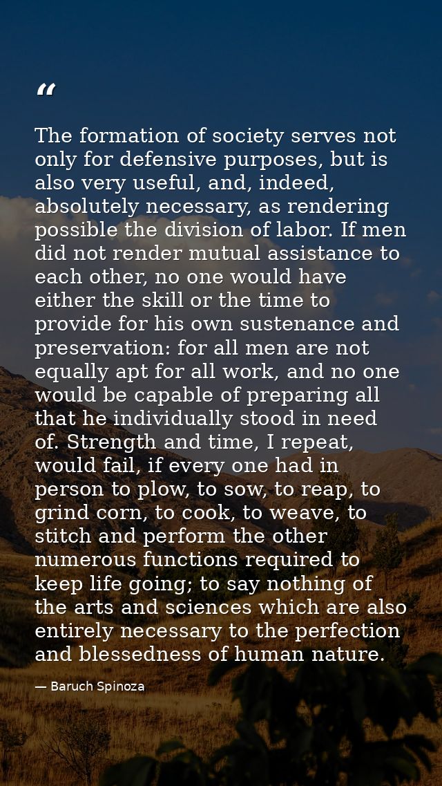 The formation of society serves not only for defensive purposes, but is also very useful, and, indeed, absolutely necess — Baruch Spinoza