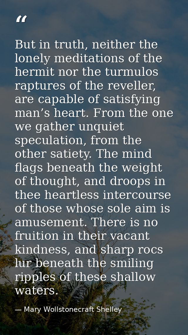 But in truth, neither the lonely meditations of the hermit nor the turmulos raptures of the reveller, are capable of sat — Mary Wollstonecraft Shelley