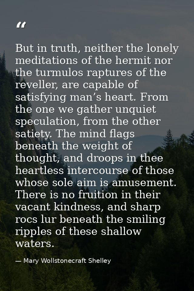 But in truth, neither the lonely meditations of the hermit nor the turmulos raptures of the reveller, are capable of sat — Mary Wollstonecraft Shelley