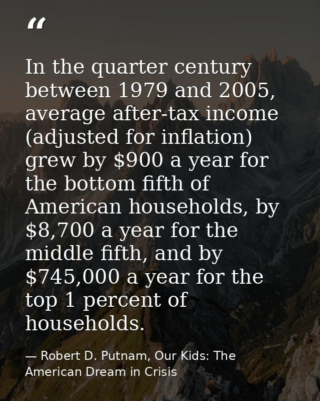 In the quarter century between 1979 and 2005, average after-tax income (adjusted for inflation) grew by $900 a year for  — Robert D. Putnam, Our Kids: The American Dream in Crisis