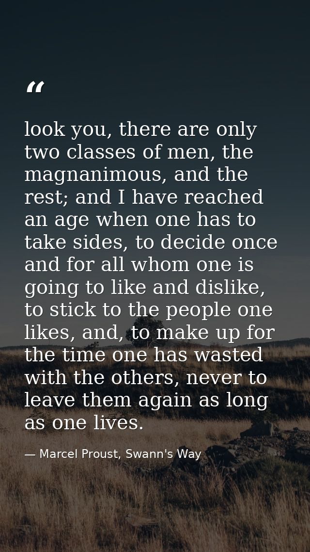 look you, there are only two classes of men, the magnanimous, and the rest; and I have reached an age when one has to ta — Marcel Proust, Swann's Way