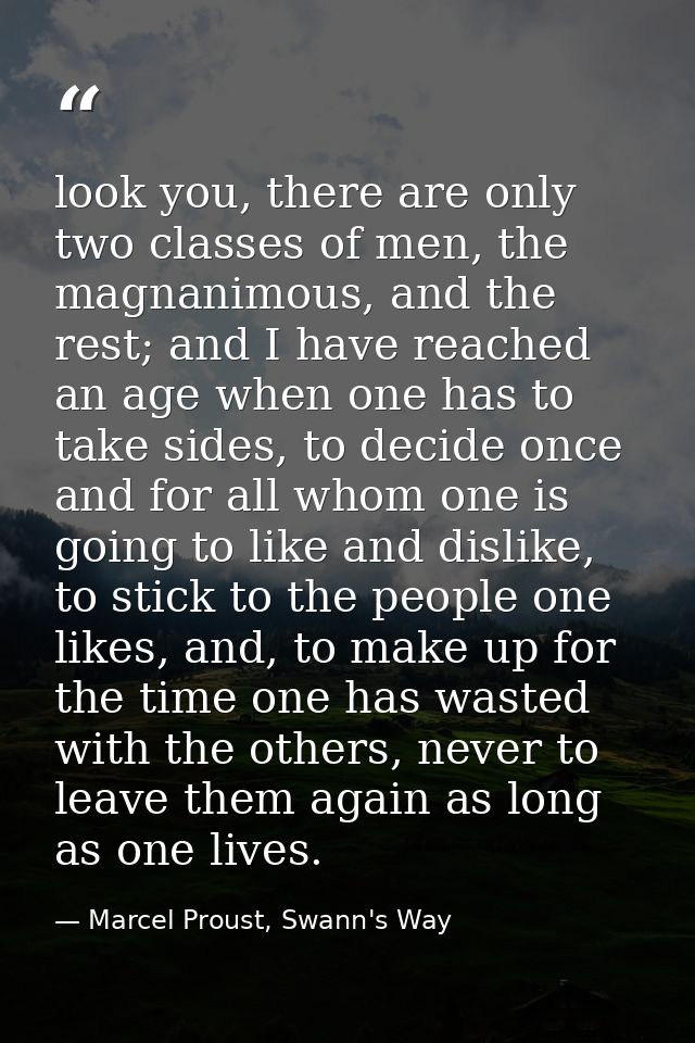 look you, there are only two classes of men, the magnanimous, and the rest; and I have reached an age when one has to ta — Marcel Proust, Swann's Way