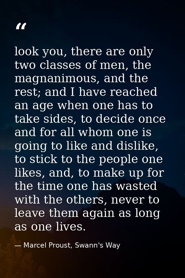 look you, there are only two classes of men, the magnanimous, and the rest; and I have reached an age when one has to ta — Marcel Proust, Swann's Way