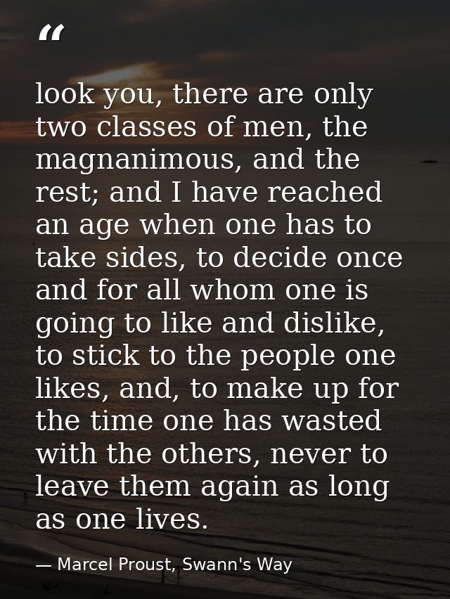look you, there are only two classes of men, the magnanimous, and the rest; and I have reached an age when one has to ta — Marcel Proust, Swann's Way
