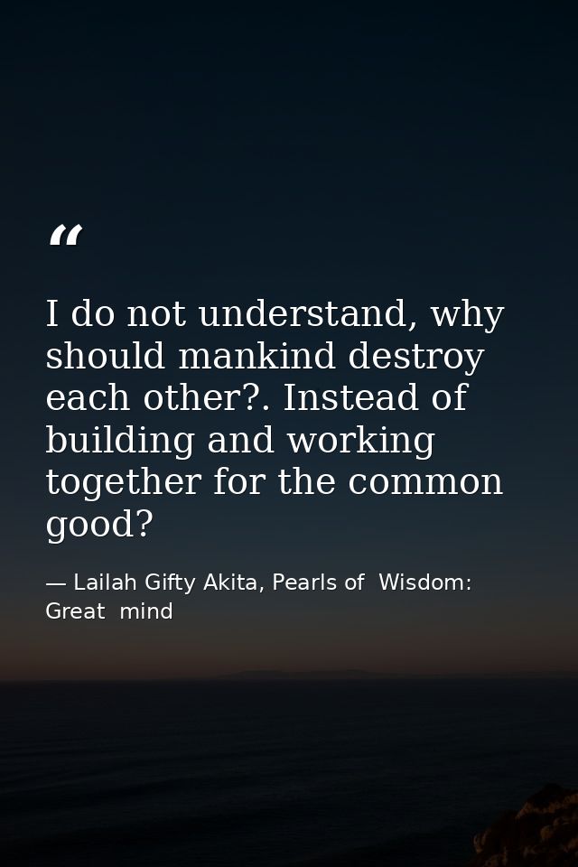I do not understand, why should mankind destroy each other?. Instead of building and working together for the common goo — Lailah Gifty Akita, Pearls of  Wisdom: Great  mind