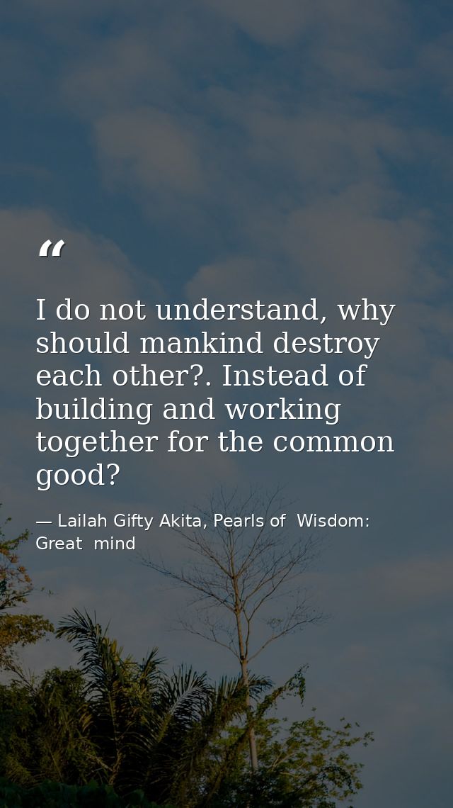 I do not understand, why should mankind destroy each other?. Instead of building and working together for the common goo — Lailah Gifty Akita, Pearls of  Wisdom: Great  mind