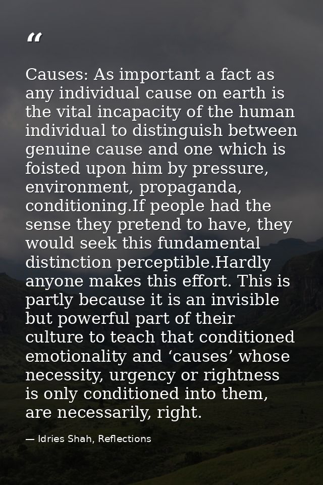 Causes: As important a fact as any individual cause on earth is the vital incapacity of the human individual to distingu — Idries Shah, Reflections