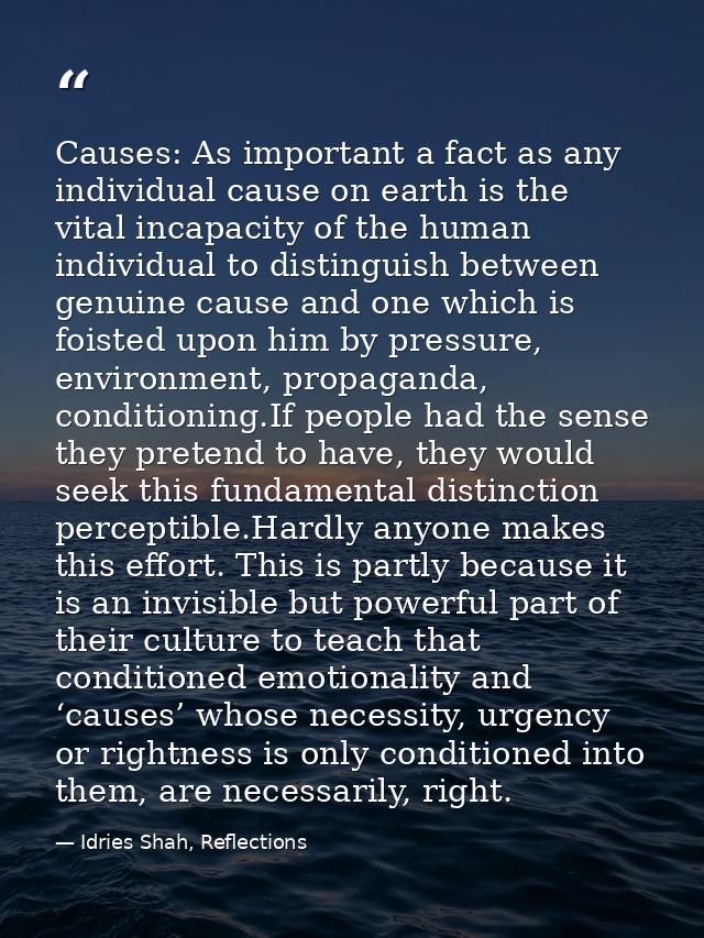 Causes: As important a fact as any individual cause on earth is the vital incapacity of the human individual to distingu — Idries Shah, Reflections
