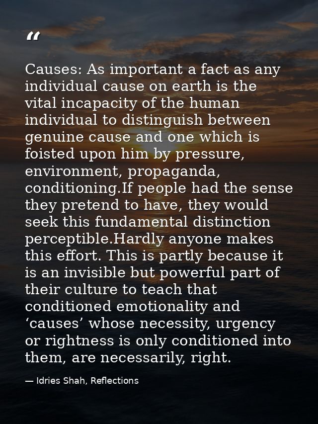 Causes: As important a fact as any individual cause on earth is the vital incapacity of the human individual to distingu — Idries Shah, Reflections