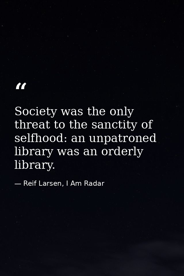 Society was the only threat to the sanctity of selfhood: an unpatroned library was an orderly library. — Reif Larsen, I Am Radar