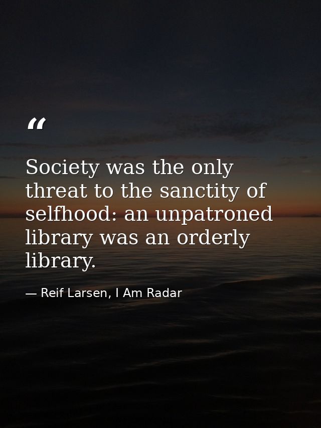 Society was the only threat to the sanctity of selfhood: an unpatroned library was an orderly library. — Reif Larsen, I Am Radar