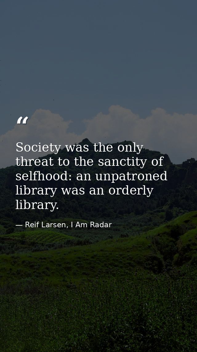 Society was the only threat to the sanctity of selfhood: an unpatroned library was an orderly library. — Reif Larsen, I Am Radar