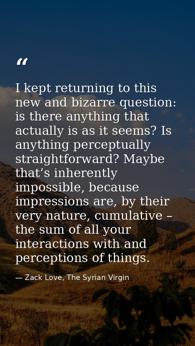 I kept returning to this new and bizarre question: is there anything that actually is as it seems? Is anything perceptua — Zack Love, The Syrian Virgin
