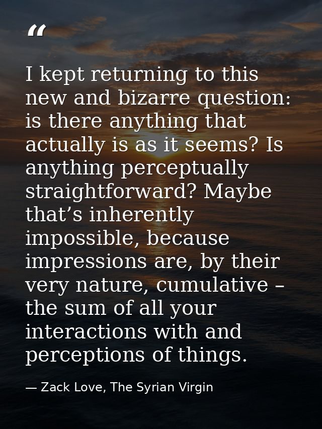 I kept returning to this new and bizarre question: is there anything that actually is as it seems? Is anything perceptua — Zack Love, The Syrian Virgin
