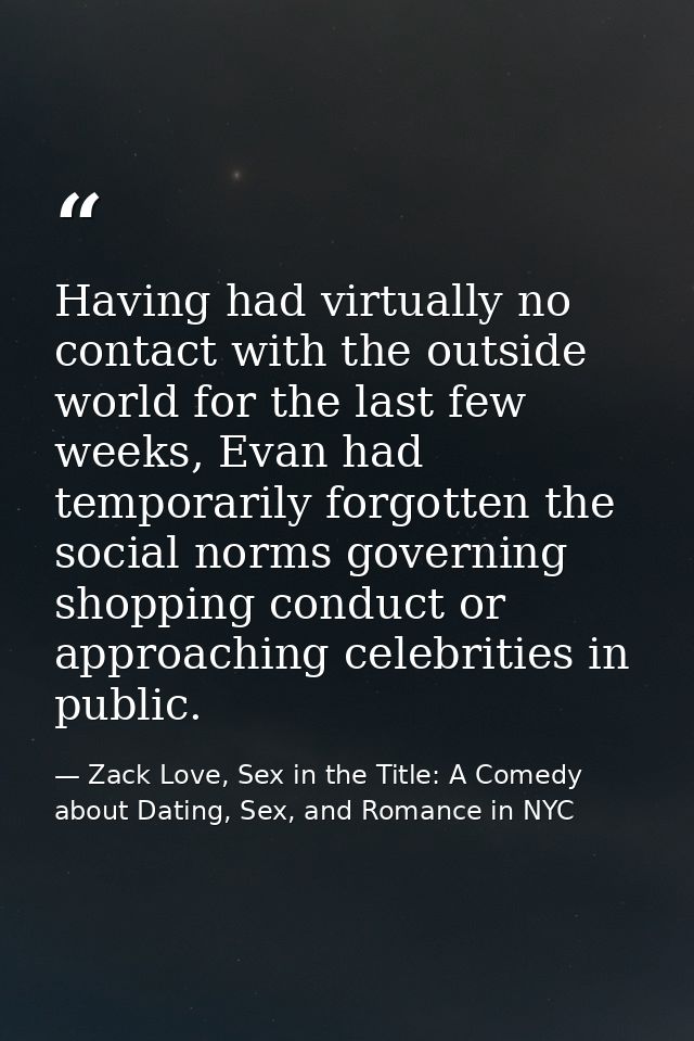 Having had virtually no contact with the outside world for the last few weeks, Evan had temporarily forgotten the social — Zack Love, Sex in the Title: A Comedy about Dating, Sex, and Romance in NYC