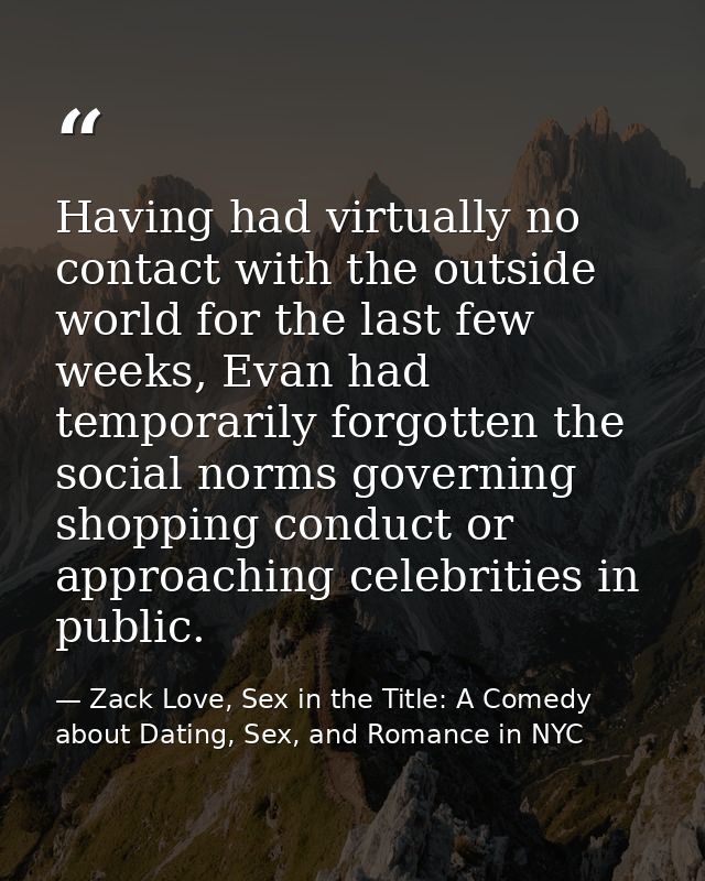 Having had virtually no contact with the outside world for the last few weeks, Evan had temporarily forgotten the social — Zack Love, Sex in the Title: A Comedy about Dating, Sex, and Romance in NYC