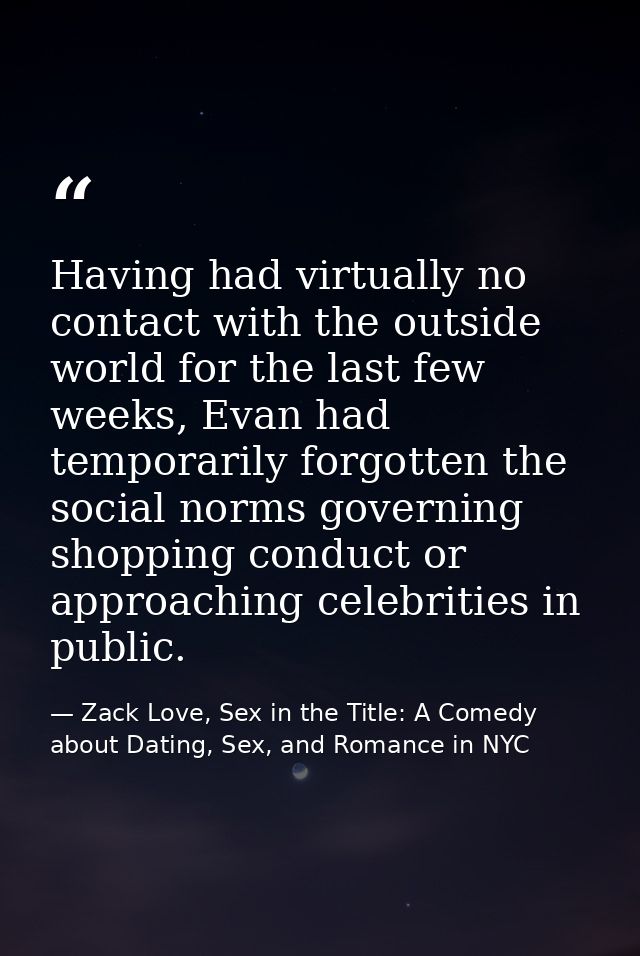 Having had virtually no contact with the outside world for the last few weeks, Evan had temporarily forgotten the social — Zack Love, Sex in the Title: A Comedy about Dating, Sex, and Romance in NYC