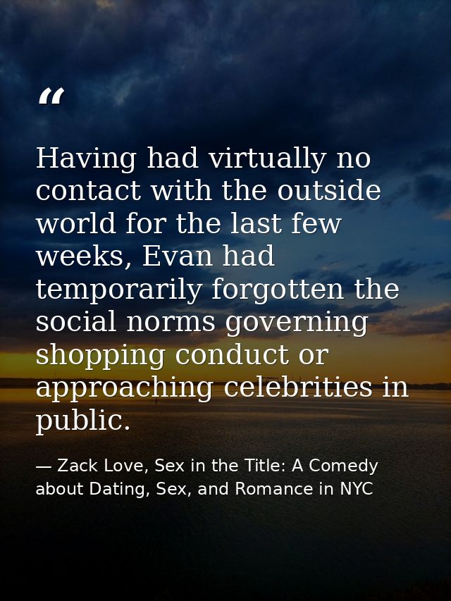 Having had virtually no contact with the outside world for the last few weeks, Evan had temporarily forgotten the social — Zack Love, Sex in the Title: A Comedy about Dating, Sex, and Romance in NYC