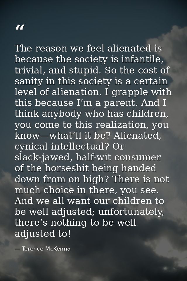 The reason we feel alienated is because the society is infantile, trivial, and stupid. So the cost of sanity in this soc — Terence McKenna