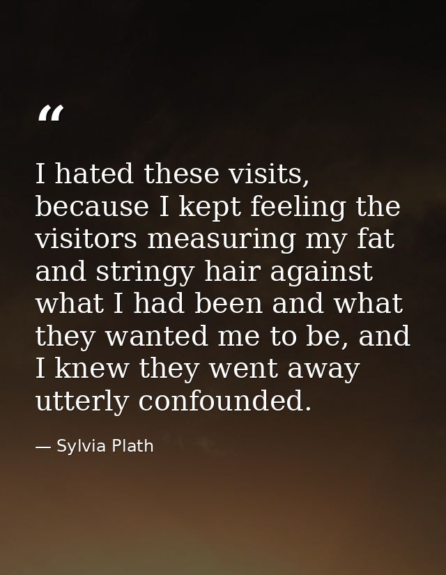 I hated these visits, because I kept feeling the visitors measuring my fat and stringy hair against what I had been and  — Sylvia Plath