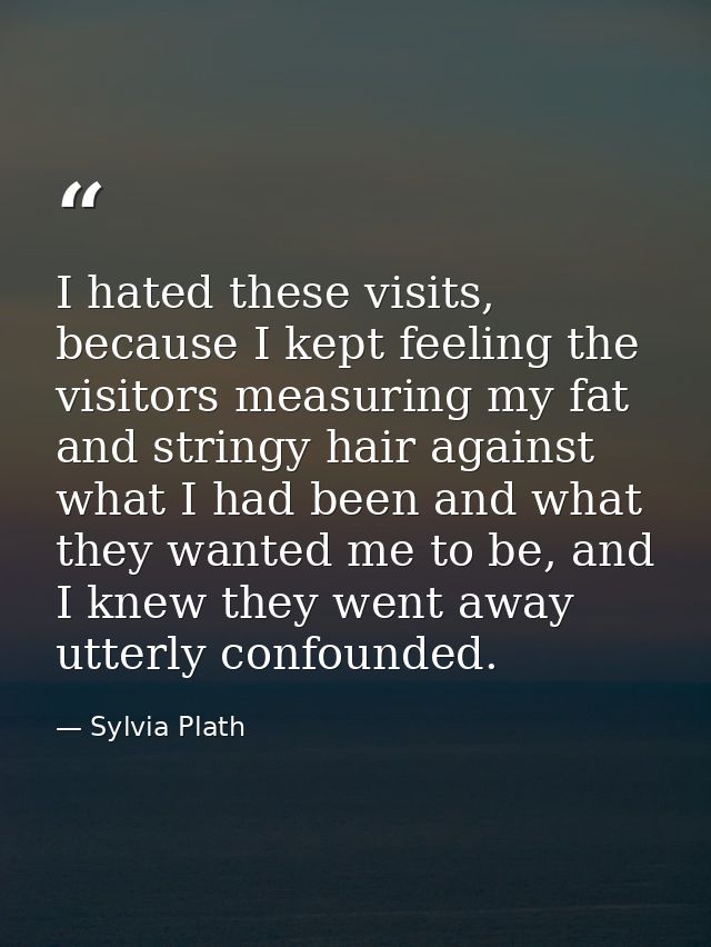 I hated these visits, because I kept feeling the visitors measuring my fat and stringy hair against what I had been and  — Sylvia Plath