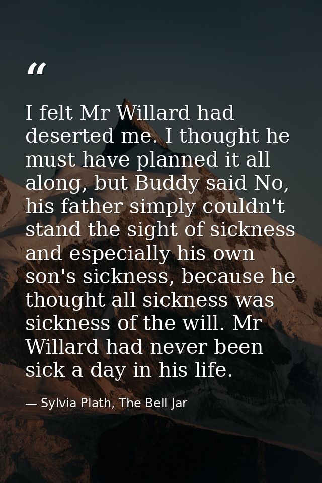 I felt Mr Willard had deserted me. I thought he must have planned it all along, but Buddy said No, his father simply cou — Sylvia Plath, The Bell Jar