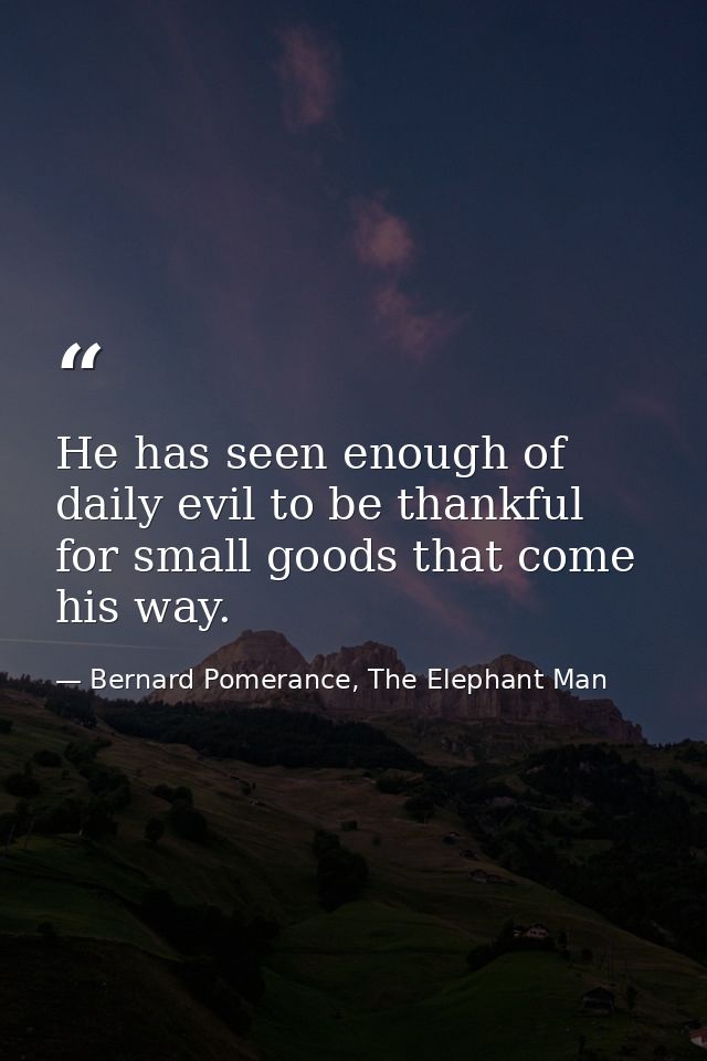 He has seen enough of daily evil to be thankful for small goods that come his way. — Bernard Pomerance, The Elephant Man