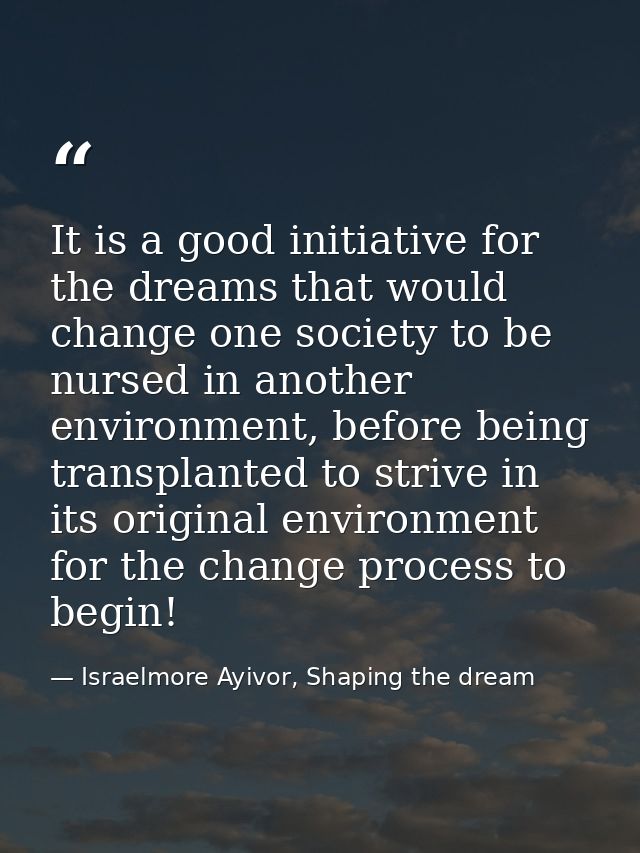 It is a good initiative for the dreams that would change one society to be nursed in another environment, before being t — Israelmore Ayivor, Shaping the dream