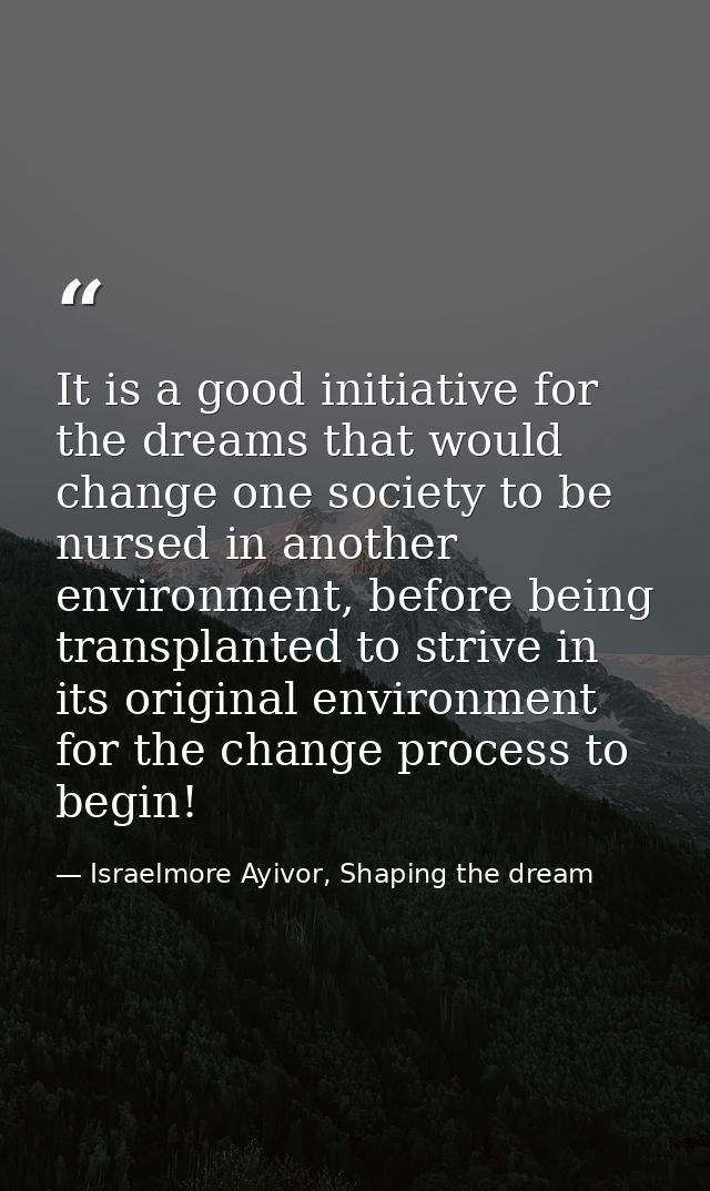 It is a good initiative for the dreams that would change one society to be nursed in another environment, before being t — Israelmore Ayivor, Shaping the dream